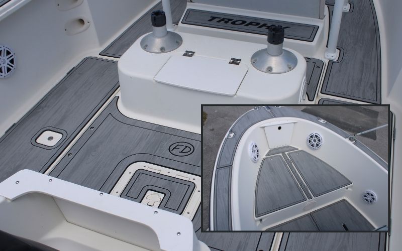 Cloud gray over black FlexDek boat deck with laser-etched wood-grain finish