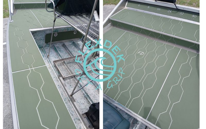 Forest green over titanium gray FlexDek bass boat flooring installation