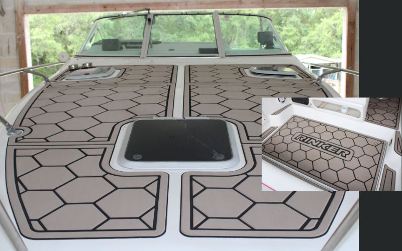 Runxter boat with taupe-style FlexDek flooring and a custom routed geometric deck pattern