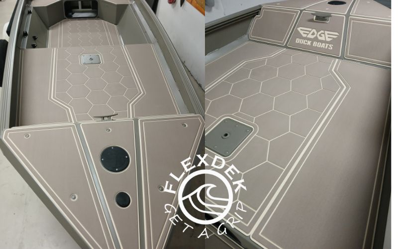 Taupe over cream FlexDek boat flooring installation