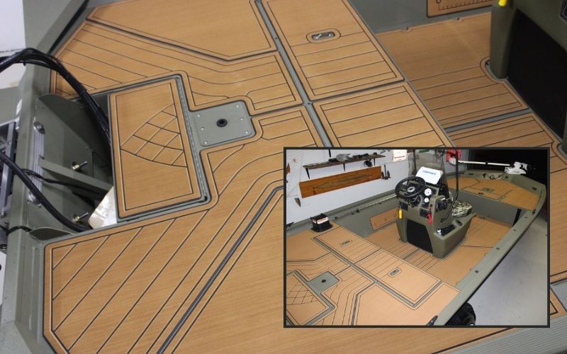 Florida boat with teak-style FlexDek marine flooring installation